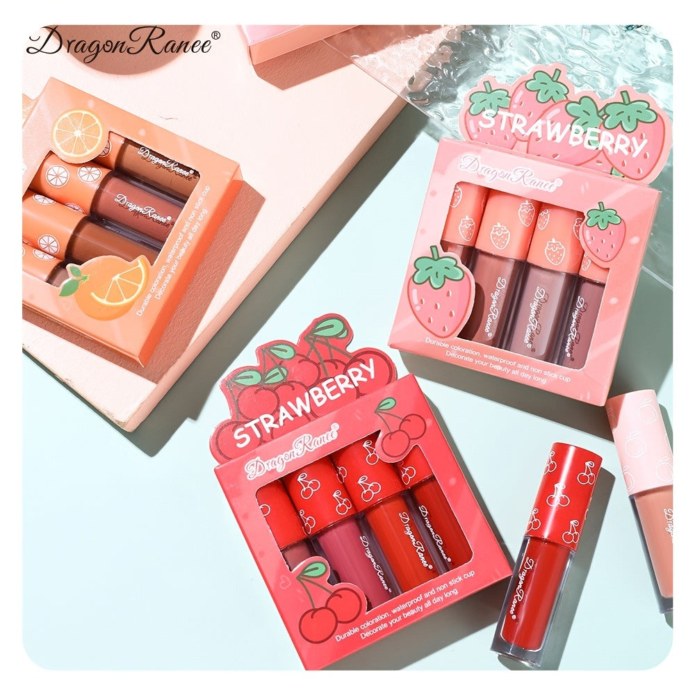 4 Pcs Strawberry Matte Lipstick Set - Lip Stains with Waterproof, Non-Stick, Velvety Finish and Long-Lasting Lip Glaze - Perfect Valentine's Day Gifts for Women with Lip Care Benefits