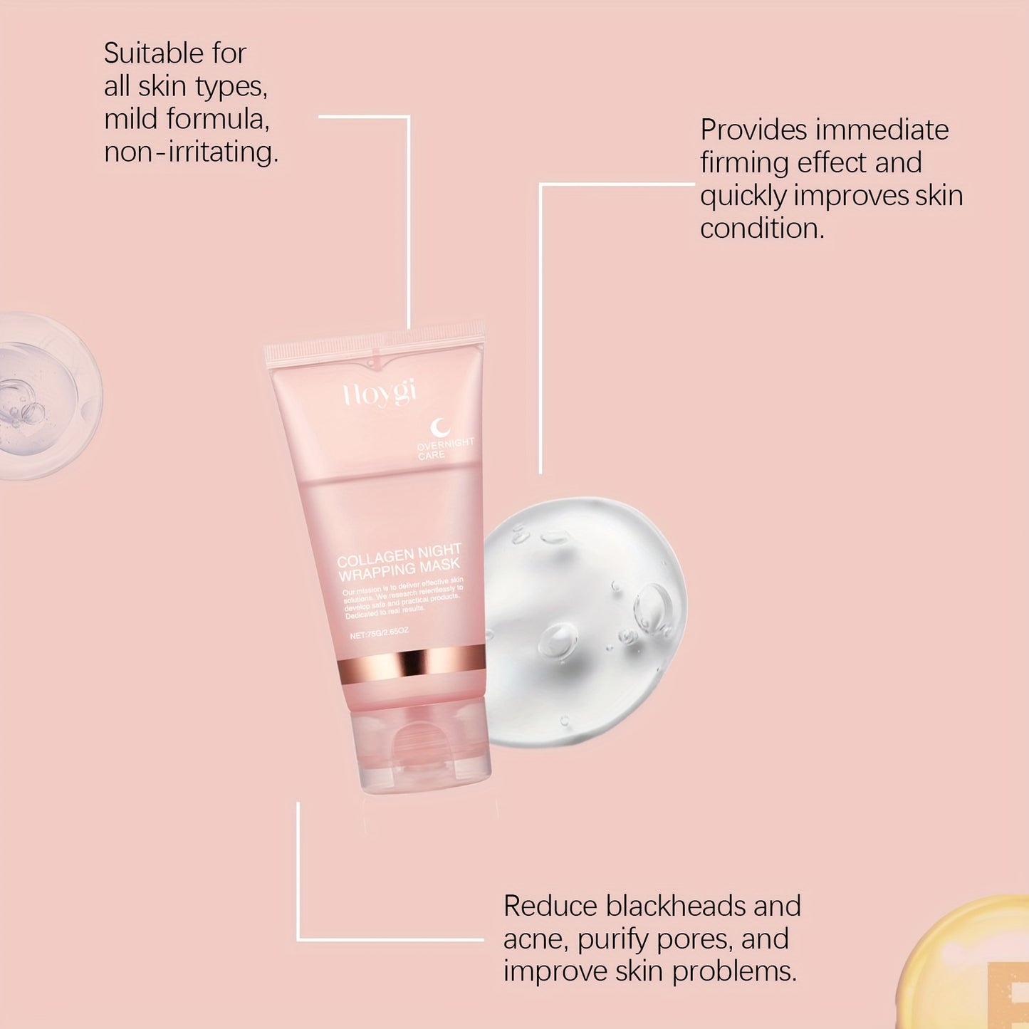 Hoygi Collagen Night Wrapping Mask with Spatula - Unisex Adult Moisturizing Overnight Mask, Firming & Lifting, Alcohol & Scent Free, for All Skin Types with Collagen, Vitamin E, Glycerin - Korean Skincare