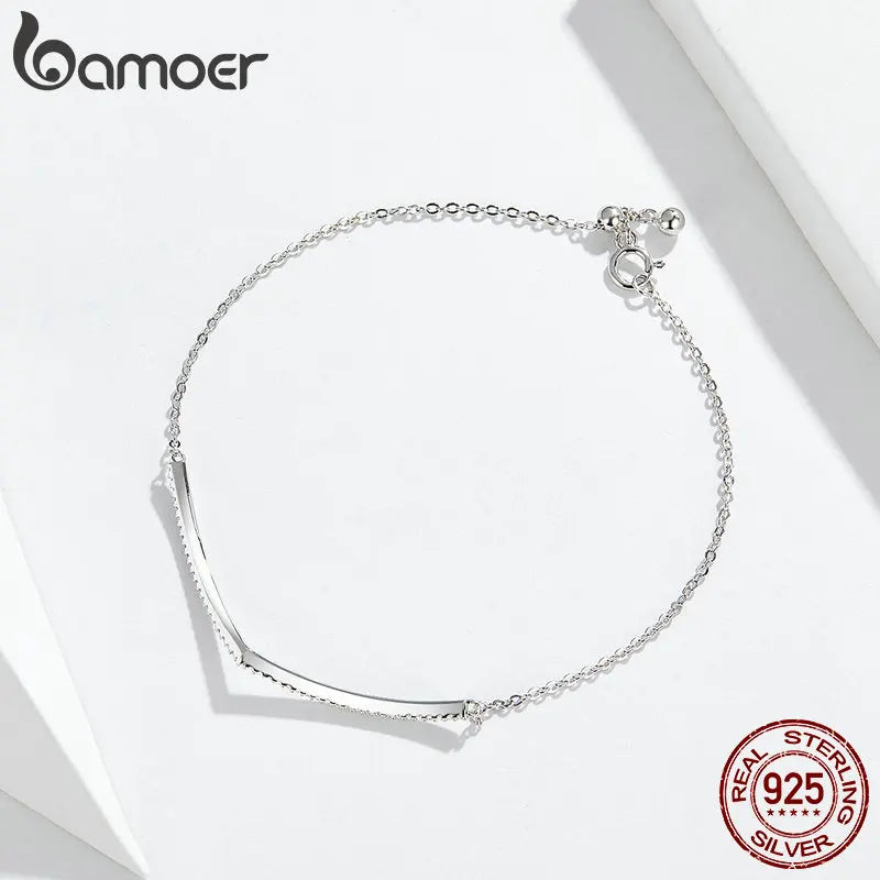bamoer V Shape Geometric Silver Bracelet Dazzling Clear CZ Chain Bracelets for Women 925 Sterling Silver Wedding Jewelry SCB137