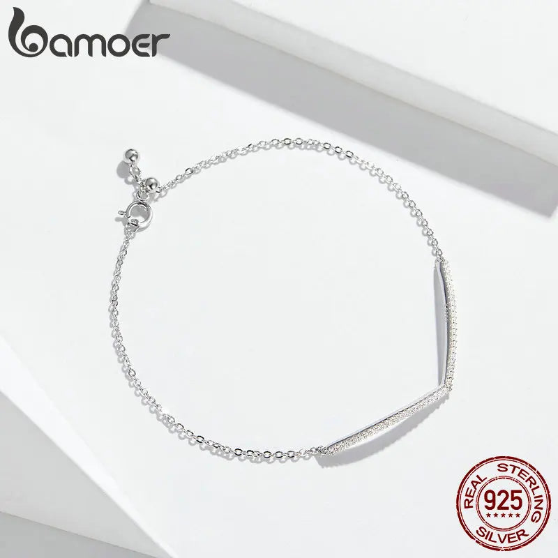 bamoer V Shape Geometric Silver Bracelet Dazzling Clear CZ Chain Bracelets for Women 925 Sterling Silver Wedding Jewelry SCB137