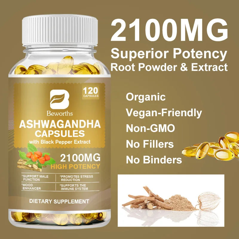 BEWORTHS Ashwagandha Root Capsules Sleep Health and Emotional Stability Support Relieve Fatigue Energy Health Supplements