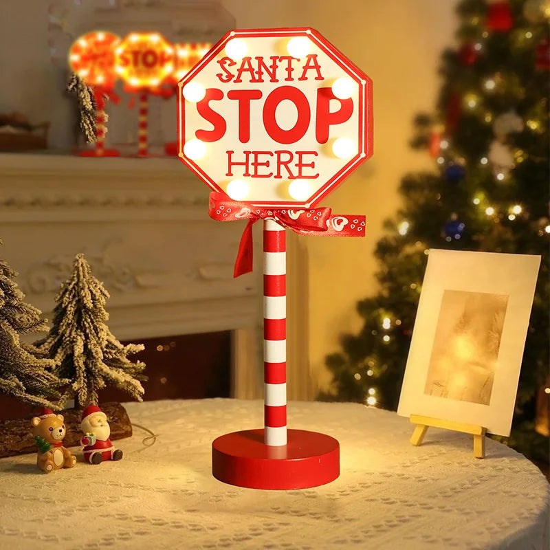 Christmas Road Sign STOP Decor LED Lights Xmas Wooden Desktop Ornaments Light Merry Christmas Home Decoration 2025 New Year Gift