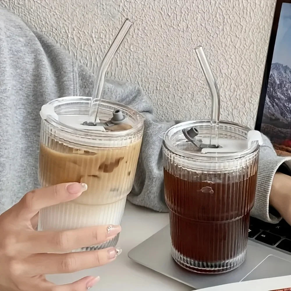 420ML Stripe Glass Cup Vertical Stripes Water Cup s With Lid and Straw Iced Coffee Cups Drinking Glasses For Juice, Milk, Tea