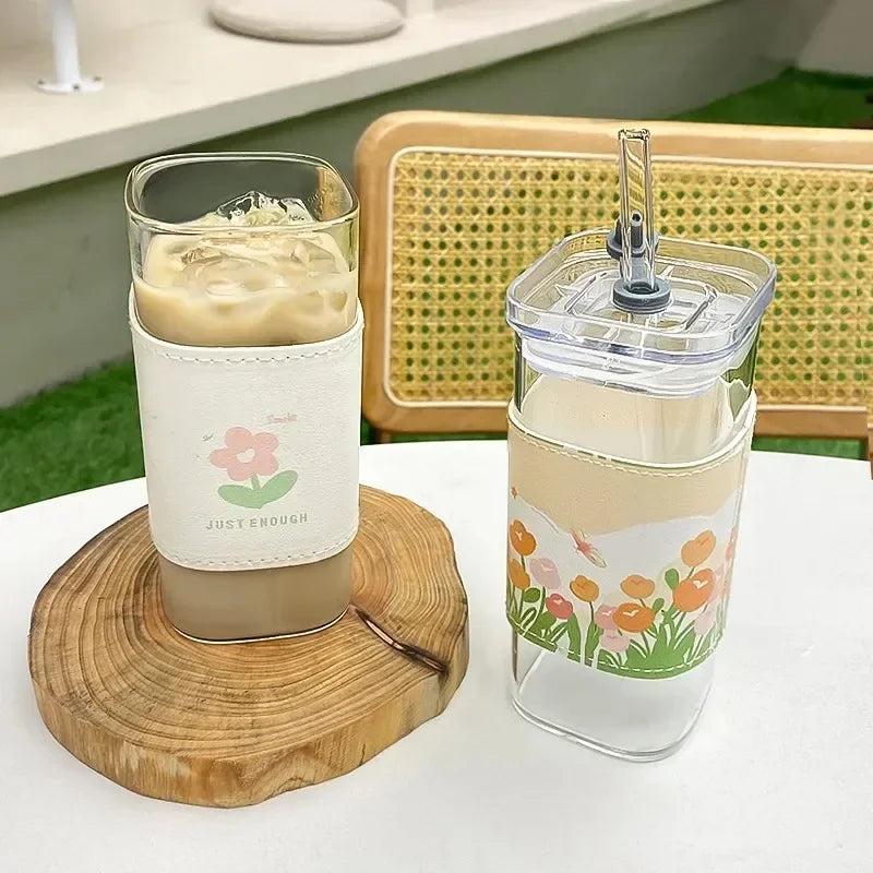 Square Heat Resistant Coffee Glass Cup With Lid and Straw Transparent Milk Tea Juice Cups Coffee Mug For Home Bar Drinkware