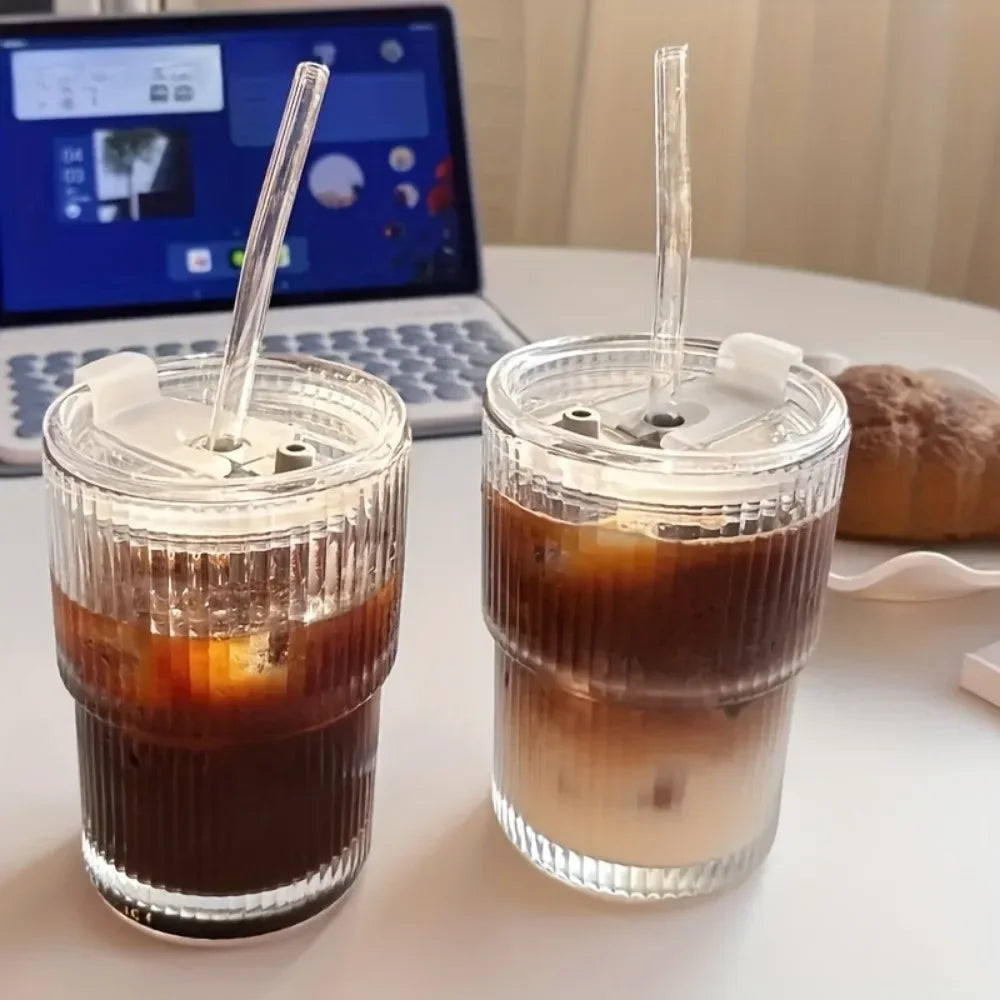 420ML Stripe Glass Cup Vertical Stripes Water Cup s With Lid and Straw Iced Coffee Cups Drinking Glasses For Juice, Milk, Tea