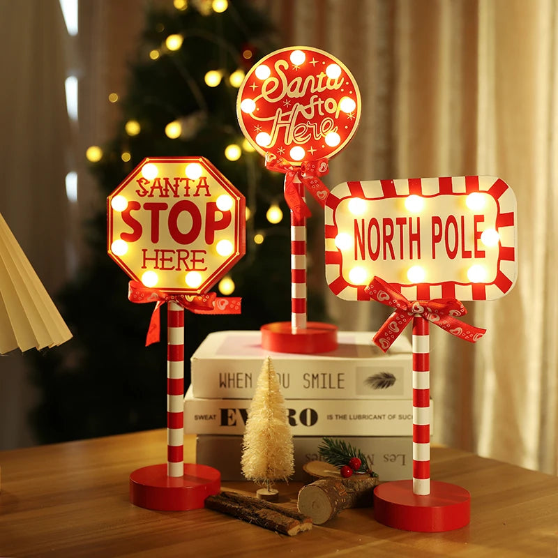 Christmas Road Sign STOP Decor LED Lights Xmas Wooden Desktop Ornaments Light Merry Christmas Home Decoration 2025 New Year Gift