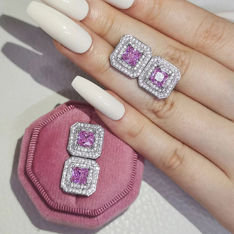 2023 New Arrivals Fashion Luxury silver color korean Zircon Stud Pink Earing Earrings For Women Girl Party Gift Jewelry Z7