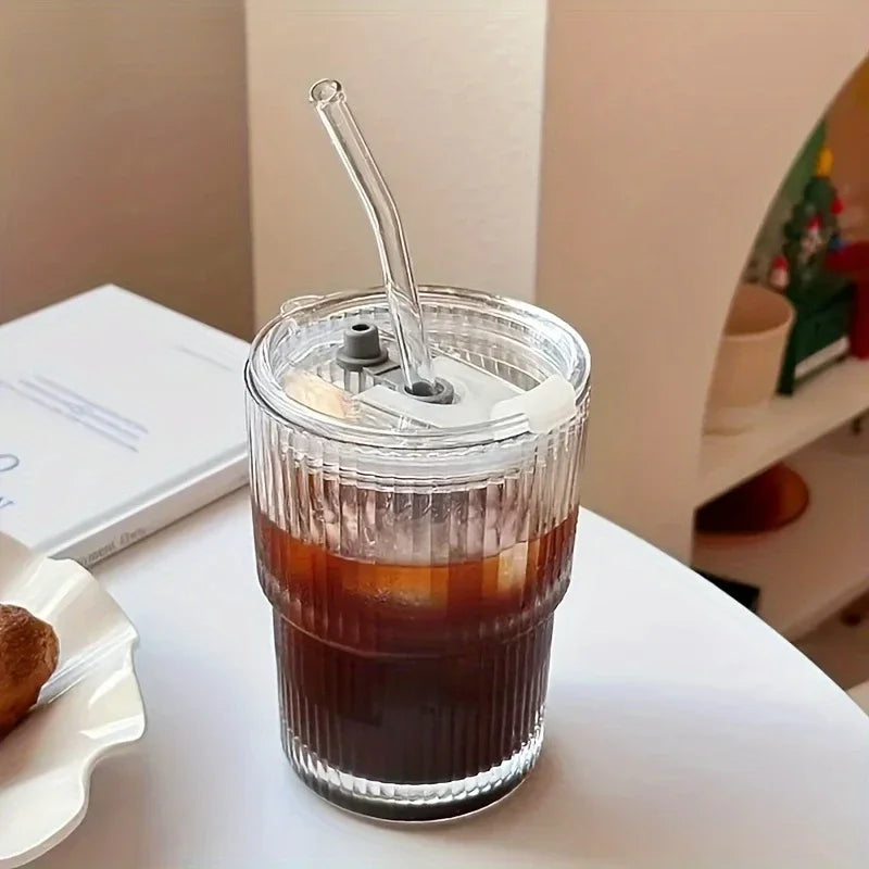 420ML Stripe Glass Cup Vertical Stripes Water Cup s With Lid and Straw Iced Coffee Cups Drinking Glasses For Juice, Milk, Tea
