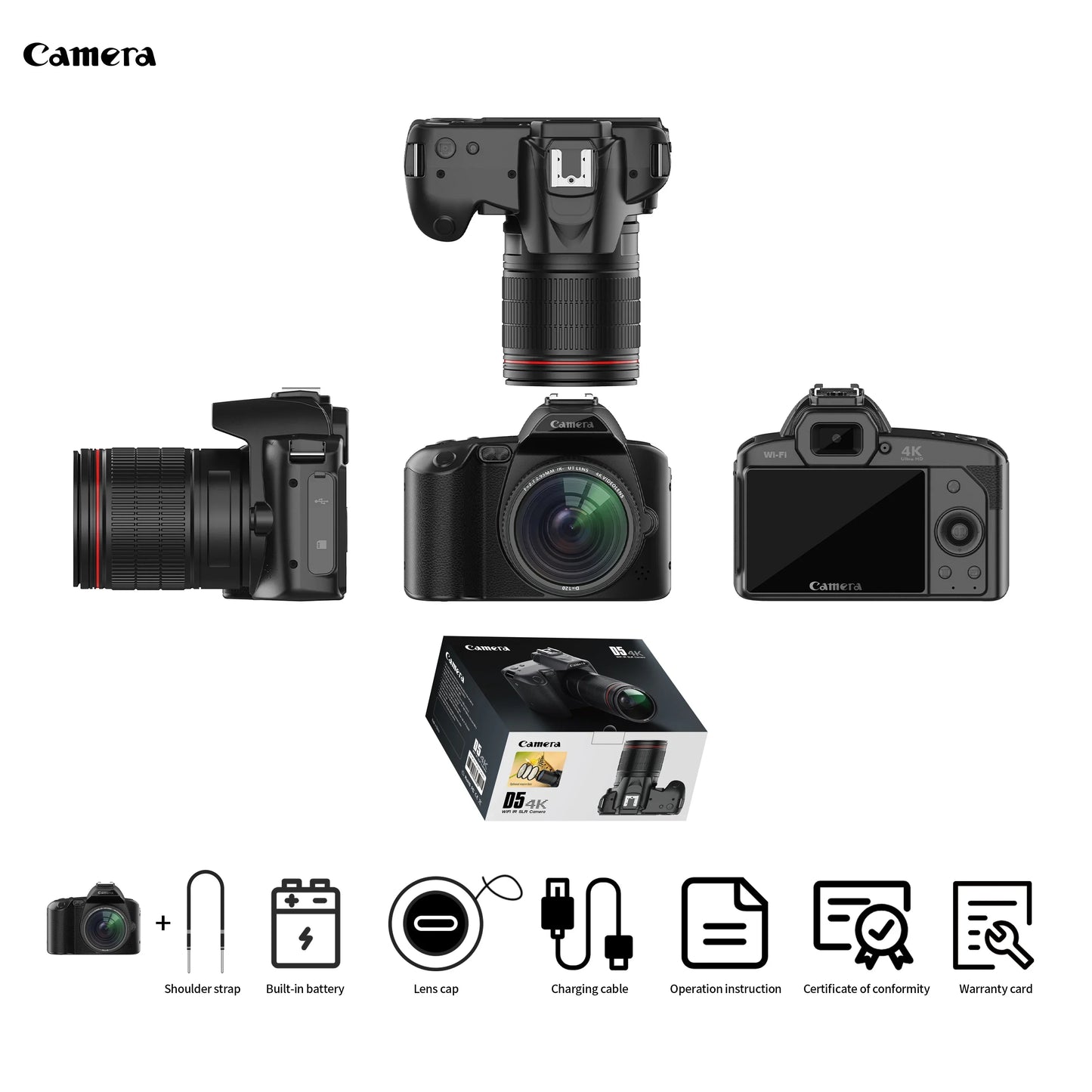 D5 Digital Camera 4K DSLR Camera with 16X Dual Camera Night Vision Lens Professional Digital Camera 1080P HD Video Camera