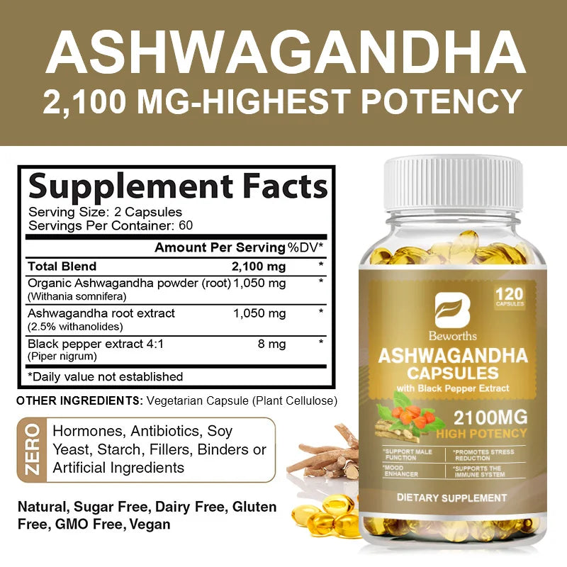 BEWORTHS Ashwagandha Root Capsules Sleep Health and Emotional Stability Support Relieve Fatigue Energy Health Supplements