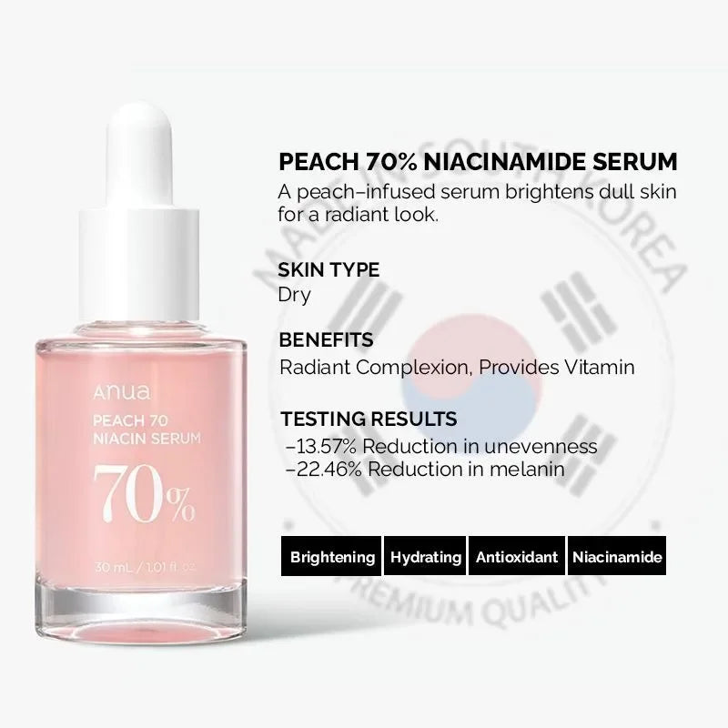 ANUA Peach 70 Niacinamide Serum 30ml, 10% Niacinamide + Vitamin B3, Brightens and Hydrates, Korean Skincare, Vegan