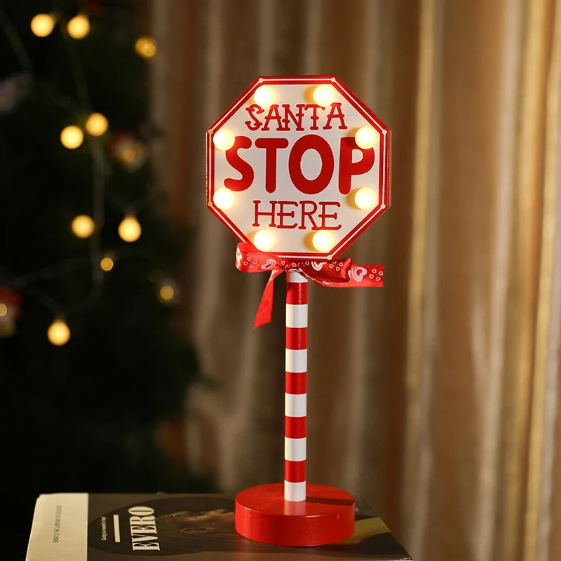 Christmas Road Sign STOP Decor LED Lights Xmas Wooden Desktop Ornaments Light Merry Christmas Home Decoration 2025 New Year Gift