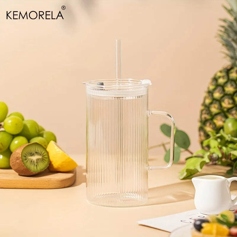 KEMORELA 740ML Large Ribbed Glass Tumbler with Handle and Lid Set of 1/2 Clear Glass Cups with Reusable Straws for Iced Coffee
