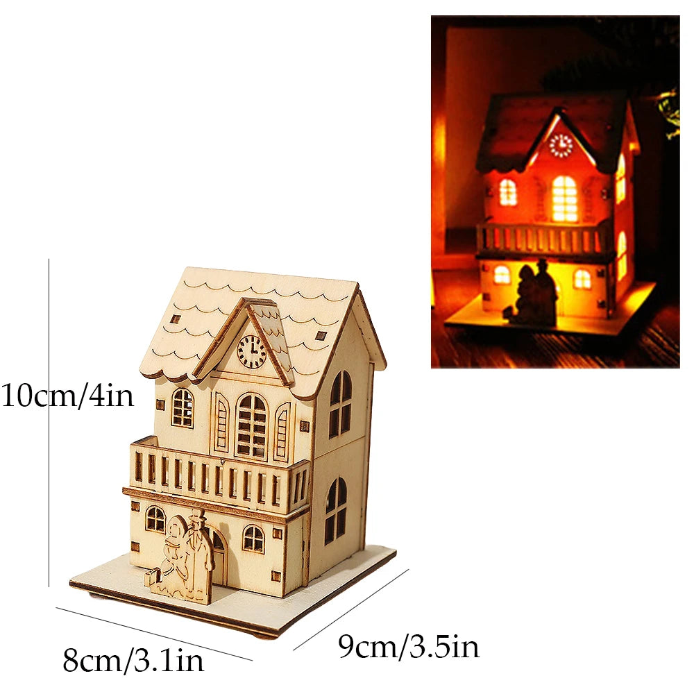 Christmas Decorations Christmas LED Light Wooden House Luminous Cabin Table Ornaments Night Lamp for Home New Year Kids Gifts