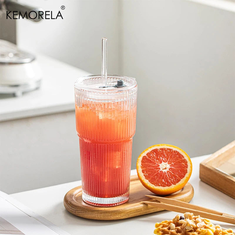KEMORELA 20 oz Ribbed Glass Tumblers with Lids and Straws 2/4-Piece Glassware Set for Iced Coffee Smoothies Cocktails and Juices