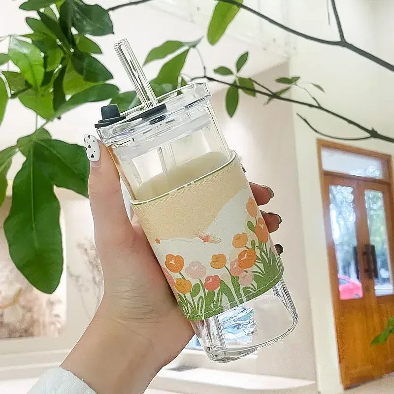 Square Heat Resistant Coffee Glass Cup With Lid and Straw Transparent Milk Tea Juice Cups Coffee Mug For Home Bar Drinkware