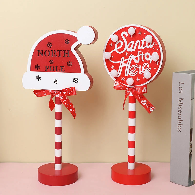 Christmas Road Sign STOP Decor LED Lights Xmas Wooden Desktop Ornaments Light Merry Christmas Home Decoration 2025 New Year Gift