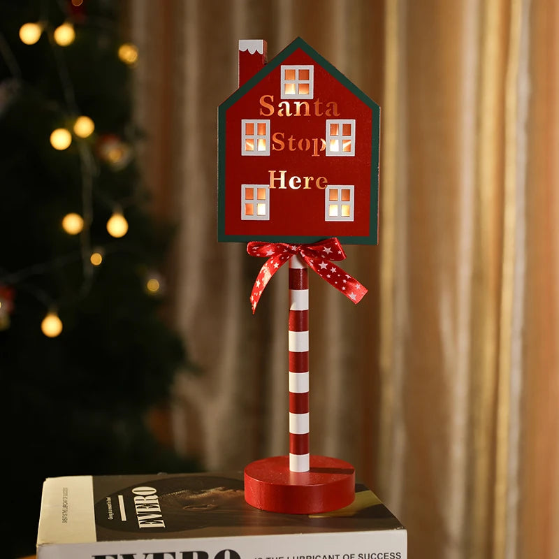 Christmas Road Sign STOP Decor LED Lights Xmas Wooden Desktop Ornaments Light Merry Christmas Home Decoration 2025 New Year Gift