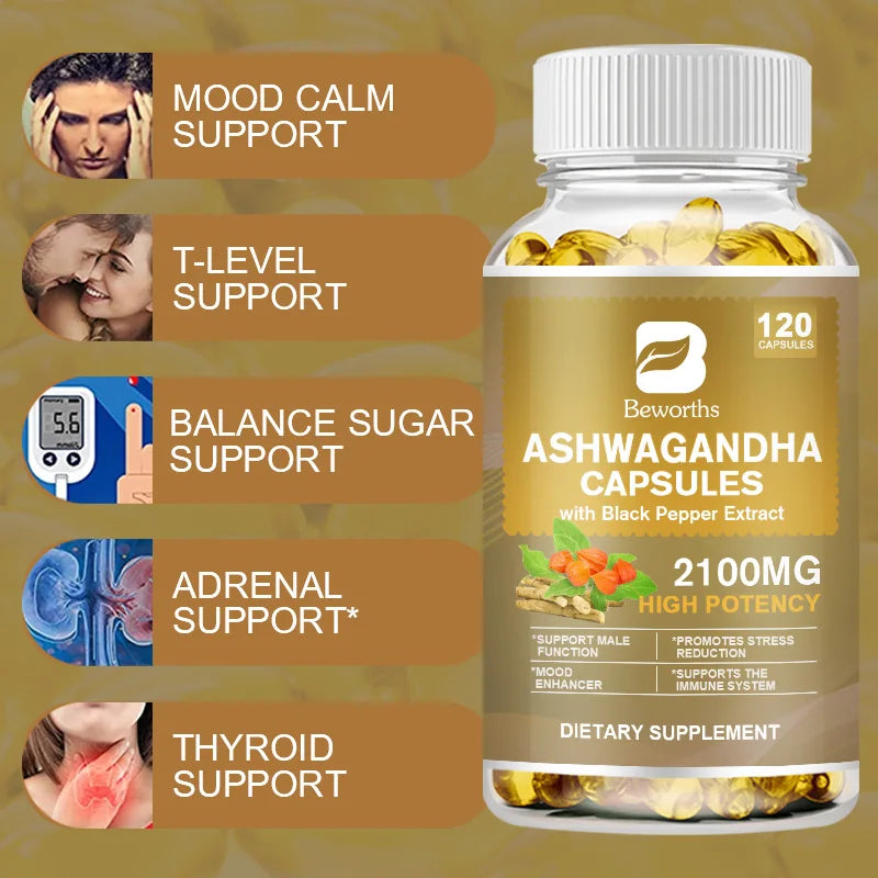 BEWORTHS Ashwagandha Root Capsules Sleep Health and Emotional Stability Support Relieve Fatigue Energy Health Supplements