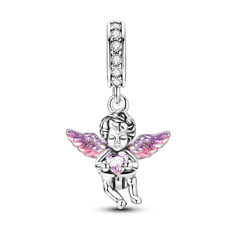 PAMELA 925 Sterling Silver Angel God Of Love Charms Wing Beads DIY For Original Pendant Bracelets Feather Jewelry For Women Gift