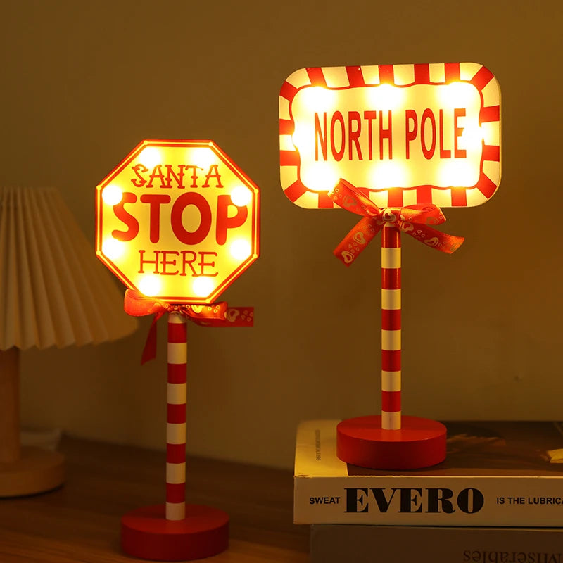 Christmas Road Sign STOP Decor LED Lights Xmas Wooden Desktop Ornaments Light Merry Christmas Home Decoration 2025 New Year Gift