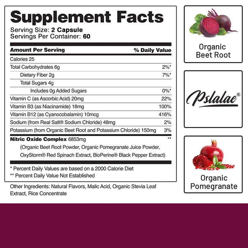Nitric Oxide Capsules - with Beetroot, Helps Build Muscle, Supports Blood Flow, Circulation, Support Energy, Strength, Endurance
