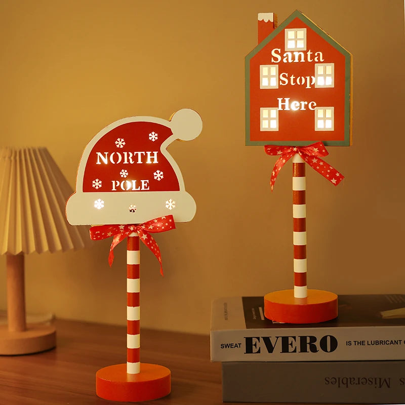 Christmas Road Sign STOP Decor LED Lights Xmas Wooden Desktop Ornaments Light Merry Christmas Home Decoration 2025 New Year Gift