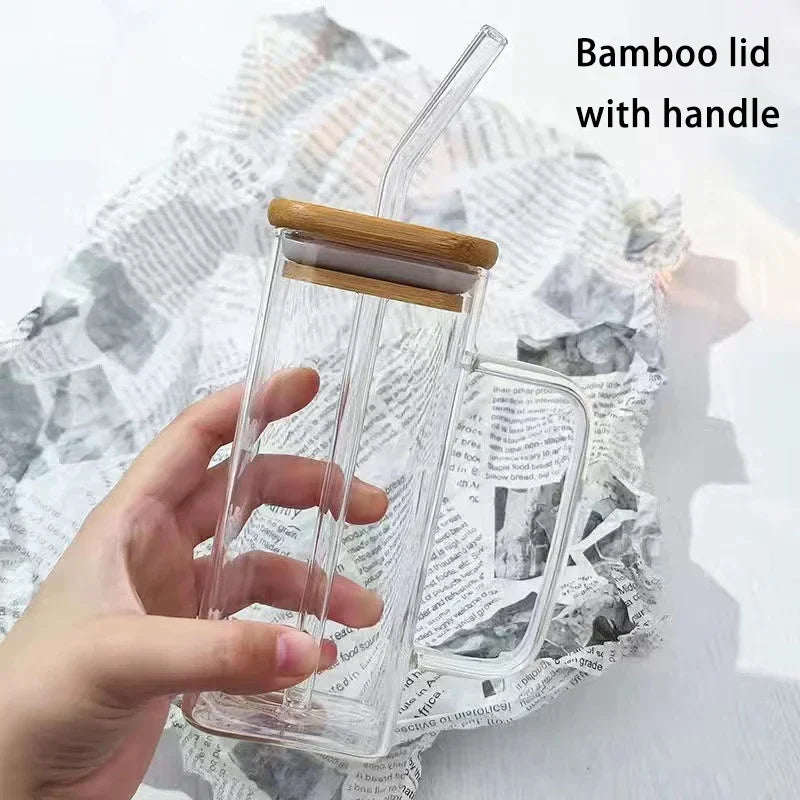 Square Heat Resistant Coffee Glass Cup With Lid and Straw Transparent Milk Tea Juice Cups Coffee Mug For Home Bar Drinkware