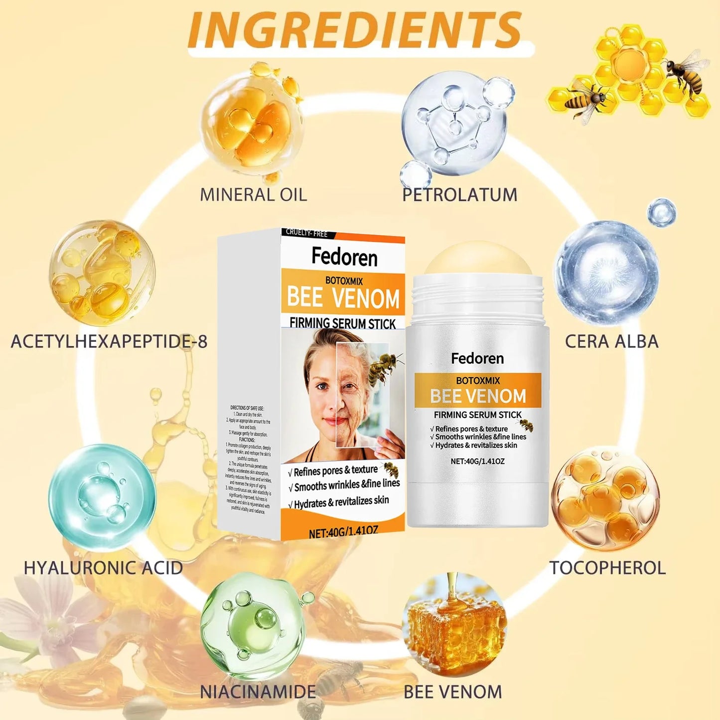Bee Venom Anti-Wrinkle Moisturizing Stick Firming Tighten Sagging Deep Hydration Fade Fine Lines Brightening Korean Skincare