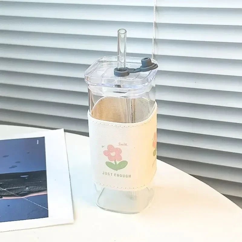 Square Heat Resistant Coffee Glass Cup With Lid and Straw Transparent Milk Tea Juice Cups Coffee Mug For Home Bar Drinkware