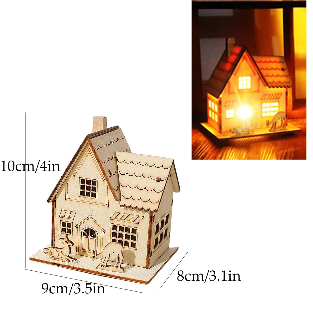 Christmas Decorations Christmas LED Light Wooden House Luminous Cabin Table Ornaments Night Lamp for Home New Year Kids Gifts