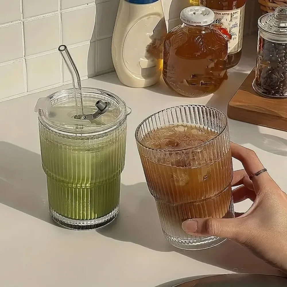 420ML Stripe Glass Cup Vertical Stripes Water Cup s With Lid and Straw Iced Coffee Cups Drinking Glasses For Juice, Milk, Tea