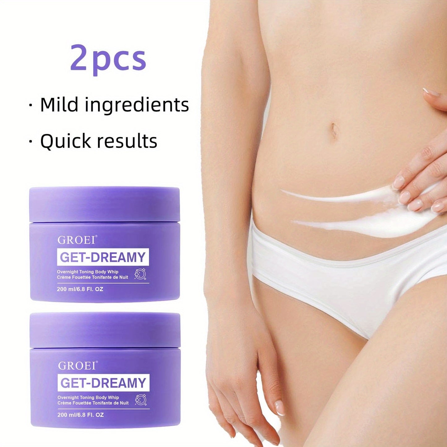2pcs GROEI Night Firming Body Cream 6.76oz - Hypoallergenic & Quick-Results Firming Cream with Tallow Tree Leaf & Caffeine, Hydrating Botanical Blend (Milk Thistle/Chamomile/Mint) for All Light Beige Types, Overnight Nourishm
