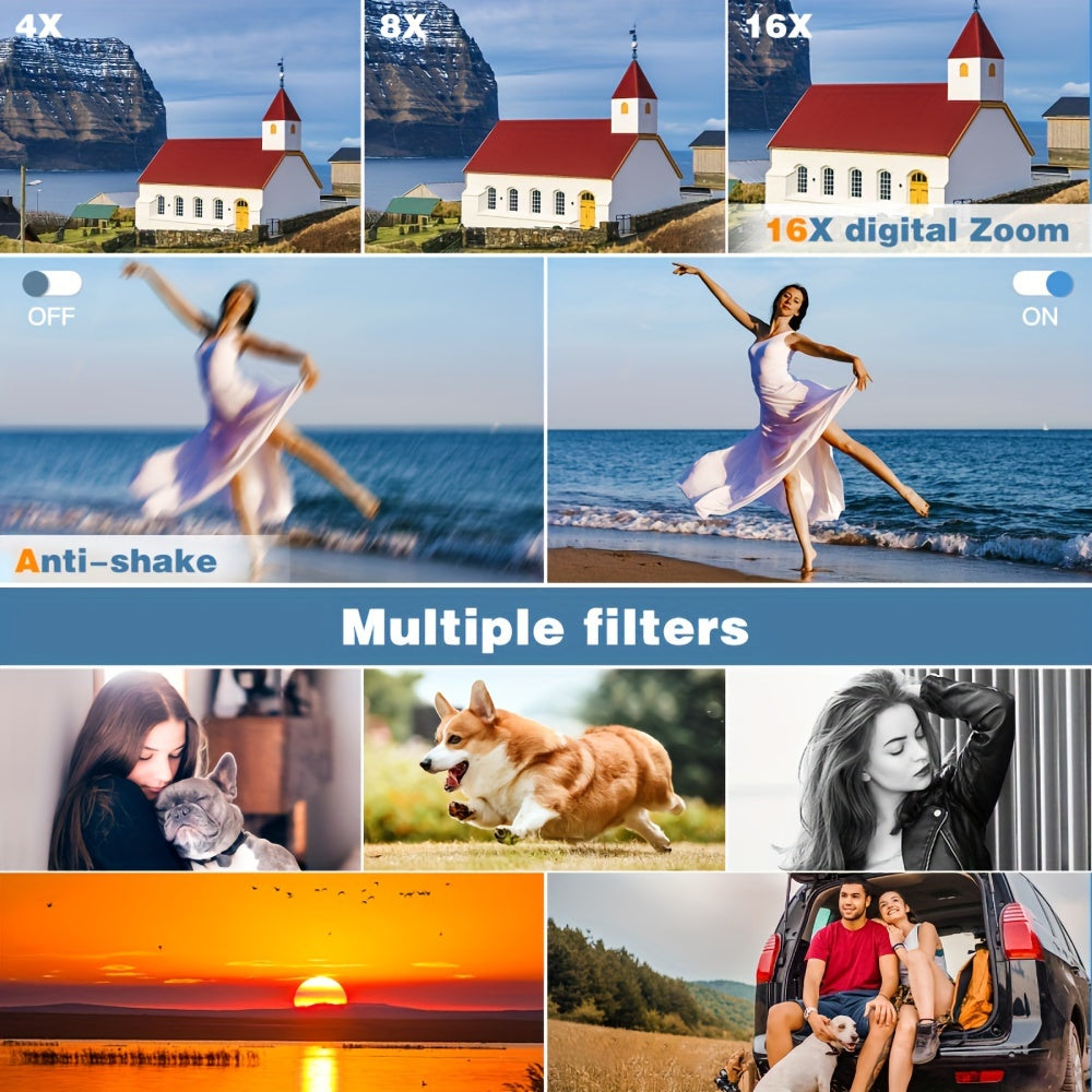 "4K Digital Camera with 48MP, 3"" Flip Screen, Autofocus, Anti-Shake, 16x Zoom for Photography and Video"