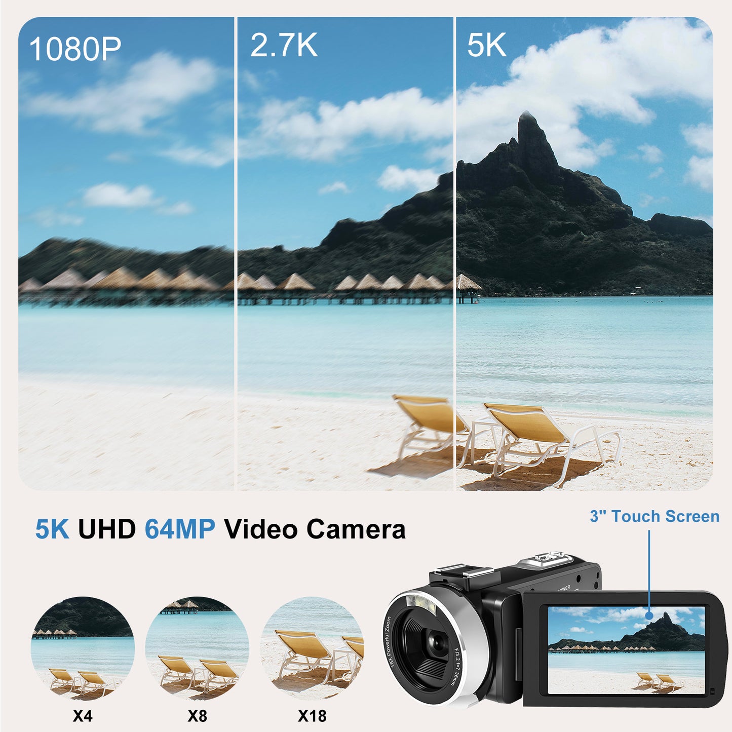 5K 30fbs camera Ultra HD camera has a 3.0-inch ultra-clear touch screen to support charging and recording, HDMI-OUT to support external MIC-IN to take pictures of 64 million pixels, and 5k ultra HD video digital camera.