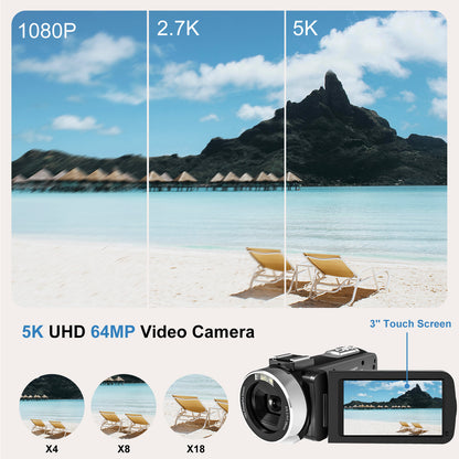 5K 30fbs camera Ultra HD camera has a 3.0-inch ultra-clear touch screen to support charging and recording, HDMI-OUT to support external MIC-IN to take pictures of 64 million pixels, and 5k ultra HD video digital camera.