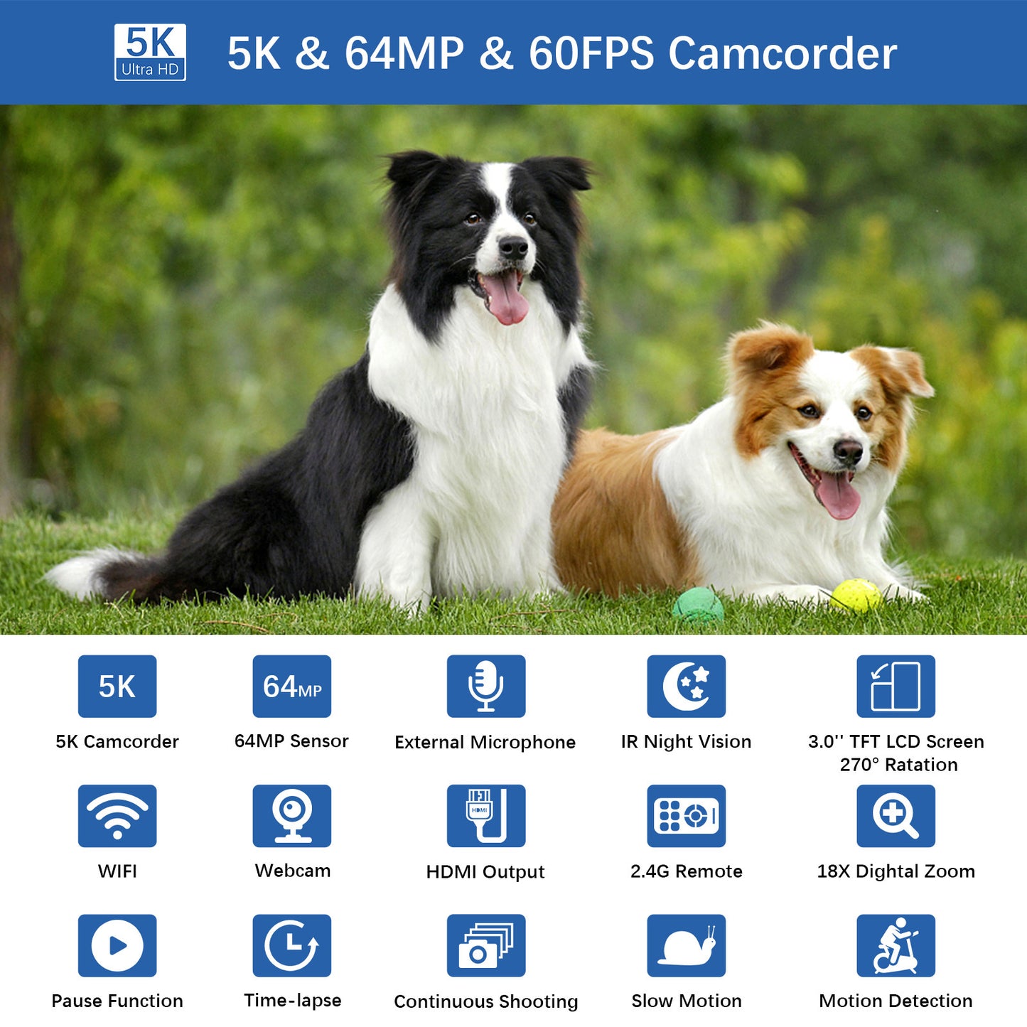 5K 30fbs camera Ultra HD camera has a 3.0-inch ultra-clear touch screen to support charging and recording, HDMI-OUT to support external MIC-IN to take pictures of 64 million pixels, and 5k ultra HD video digital camera.