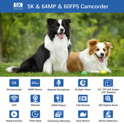 5K 30fbs camera Ultra HD camera has a 3.0-inch ultra-clear touch screen to support charging and recording, HDMI-OUT to support external MIC-IN to take pictures of 64 million pixels, and 5k ultra HD video digital camera.