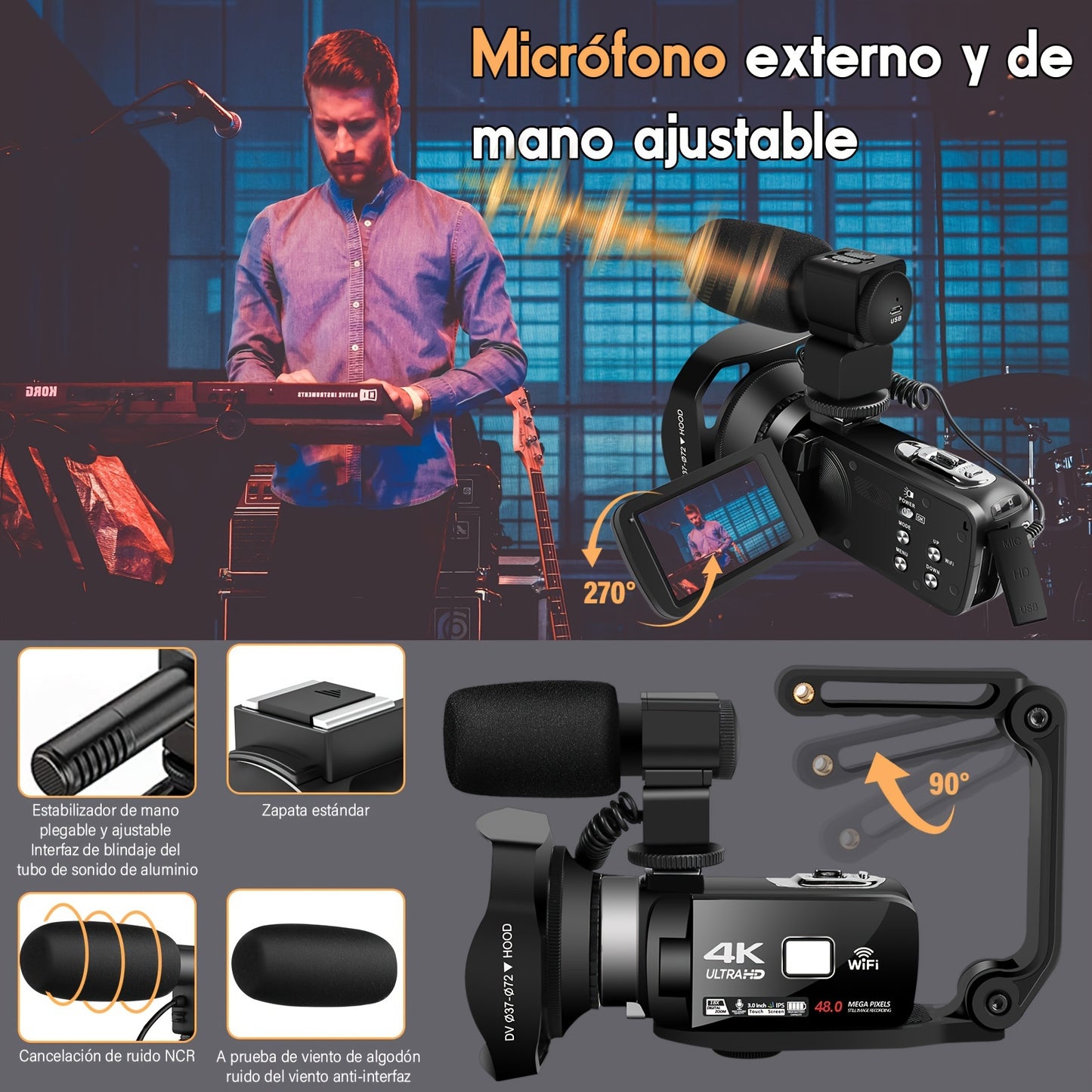 5K 30fbs camera Ultra HD camera has a 3.0-inch ultra-clear touch screen to support charging and recording, HDMI-OUT to support external MIC-IN to take pictures of 64 million pixels, and 5k ultra HD video digital camera.