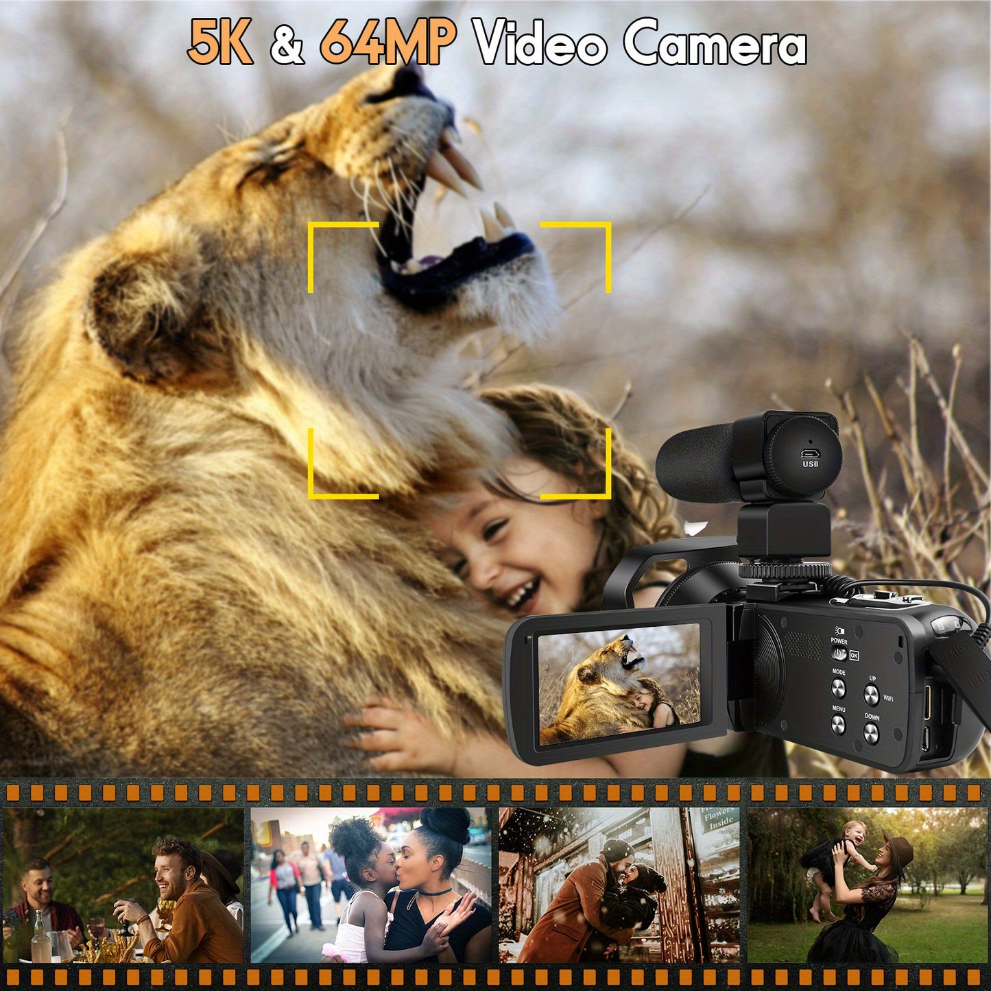 5K 30fbs camera Ultra HD camera has a 3.0-inch ultra-clear touch screen to support charging and recording, HDMI-OUT to support external MIC-IN to take pictures of 64 million pixels, and 5k ultra HD video digital camera.