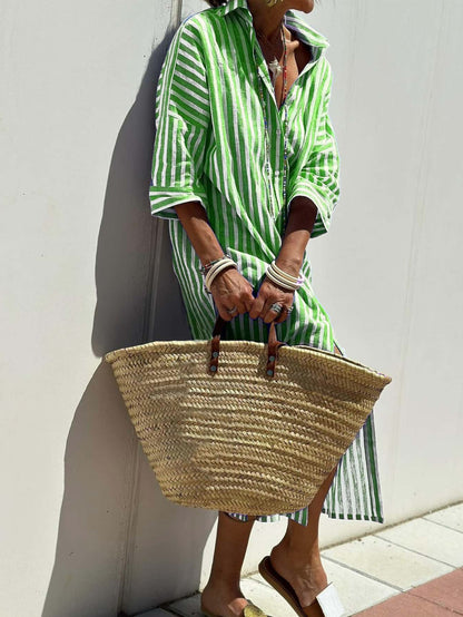 Striped Shirt Dress With Belt Fashion Half-sleeved Lapel Button Cardigan Dresses Women's Clothing