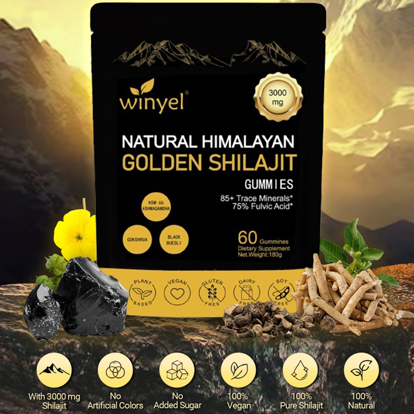 Shilajit Gummies, Himalayan Shilajit Supplements, Ashwagandha, Gokshura, 85 Trace Minerals, High Potency Gold Grade, 60 Gummies For Energy Boost, Immune Support, Non-GMO