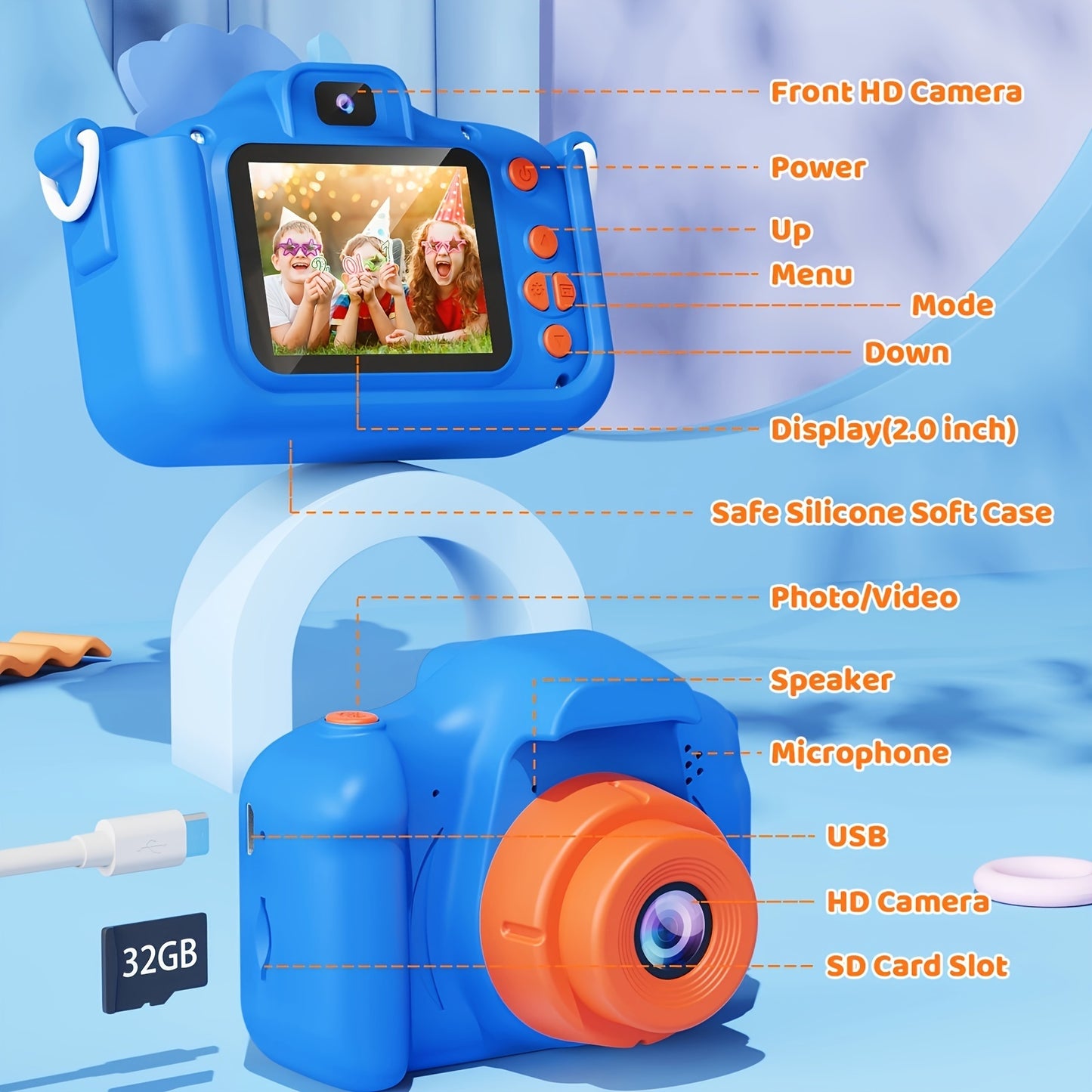 Kids Digital Camera Toy for Kids Age 3-8, 1080P HD Video Toddler Camera with 32GB SD Card, Selfie Digital Camera with Dinosaurs Soft Silicone Cover, Christmas Birthday Gifts, Father's Day