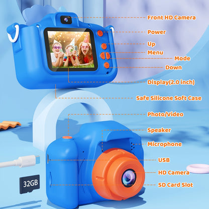 Kids Digital Camera Toy for Kids Age 3-8, 1080P HD Video Toddler Camera with 32GB SD Card, Selfie Digital Camera with Dinosaurs Soft Silicone Cover, Christmas Birthday Gifts, Father's Day
