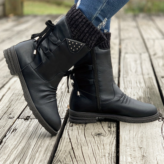 Women's Retro Black Chelsea Boots with Chunky Heel - Lace-Up & Side Zipper, Knit Cover Patchwork Design, Comfortable Fabric Lining, Casual Low Heel Ankle Boots for All Occasions