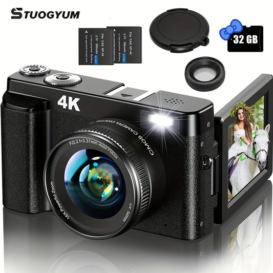 STUOGYUM Vlogging Camera 4K 48MP Digital Camera with 180° 3.0 inch Flip Screen 16X Anti-Shak Auto-Focus Camera For Photography  Comes With 32G TF Card And UV Filter Lens,2 Batteries  Used for YouTube Video Compact Cameras