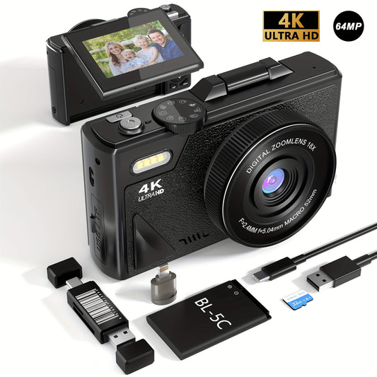 64MP 4K HD Digital Camera 18X Digital Zoom 3'' Flip Screen Professional Camera Support for Taking Photos, Recording Videos, Vlogging and Webcam Include 32GB TF Card for Beginners Thanksgiving and Christmas Gift