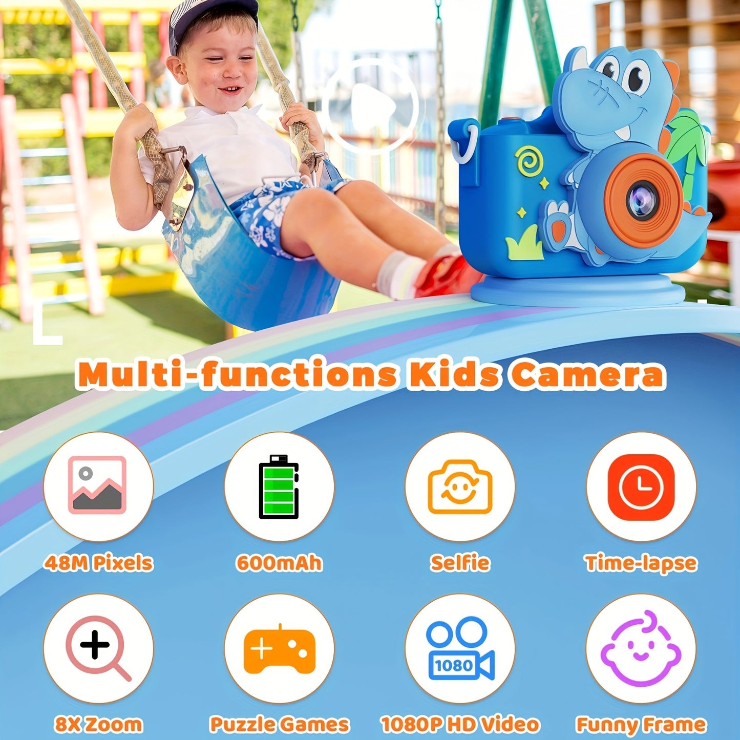 Kids Digital Camera Toy for Kids Age 3-8, 1080P HD Video Toddler Camera with 32GB SD Card, Selfie Digital Camera with Dinosaurs Soft Silicone Cover, Christmas Birthday Gifts, Father's Day