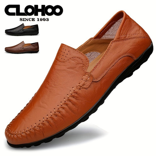 CLOHOO Men's Slip-On Business Casual Shoes - Breathable Second-Layer Leather Upper, Comfortable PU Lining & Rubber Sole, All-Season Versatile for Office, Travel & Vacation - Black, Refined Appearance | Sturdy Rubber Sole, Dre