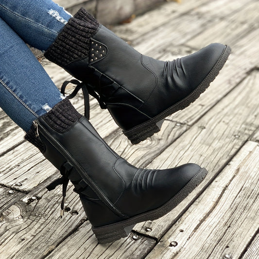 Women's Retro Black Chelsea Boots with Chunky Heel - Lace-Up & Side Zipper, Knit Cover Patchwork Design, Comfortable Fabric Lining, Casual Low Heel Ankle Boots for All Occasions